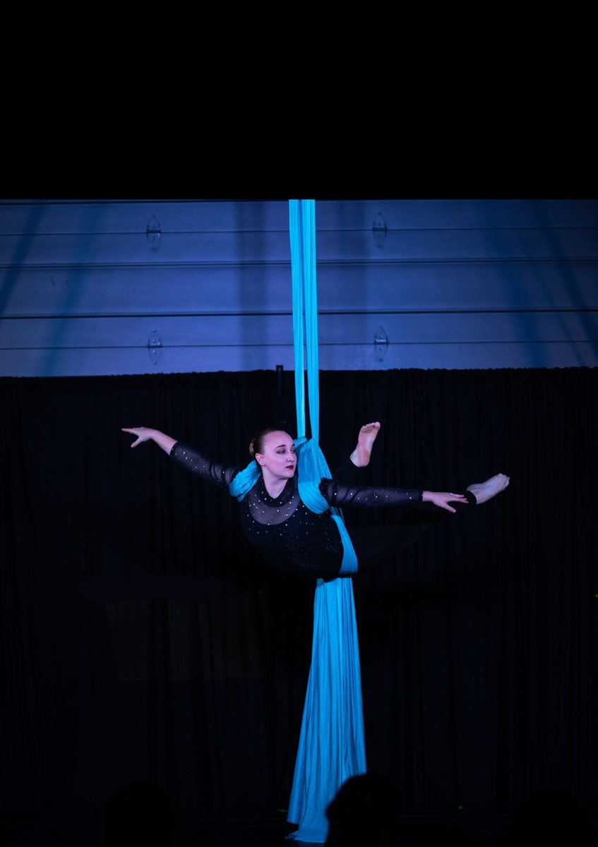 A Reverent Rhythms aerial student on silks